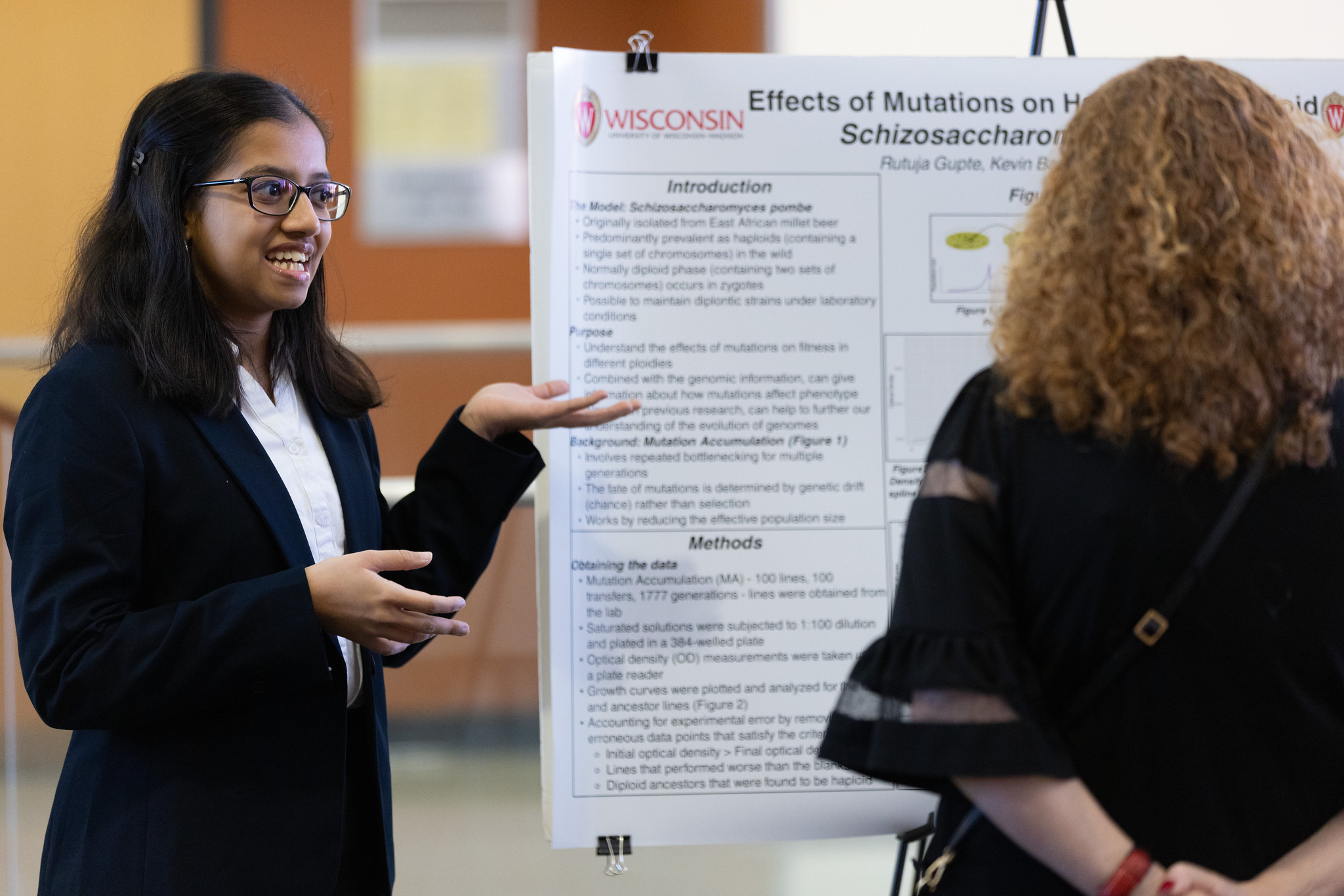 A student is presenting a research poster to an onlooker